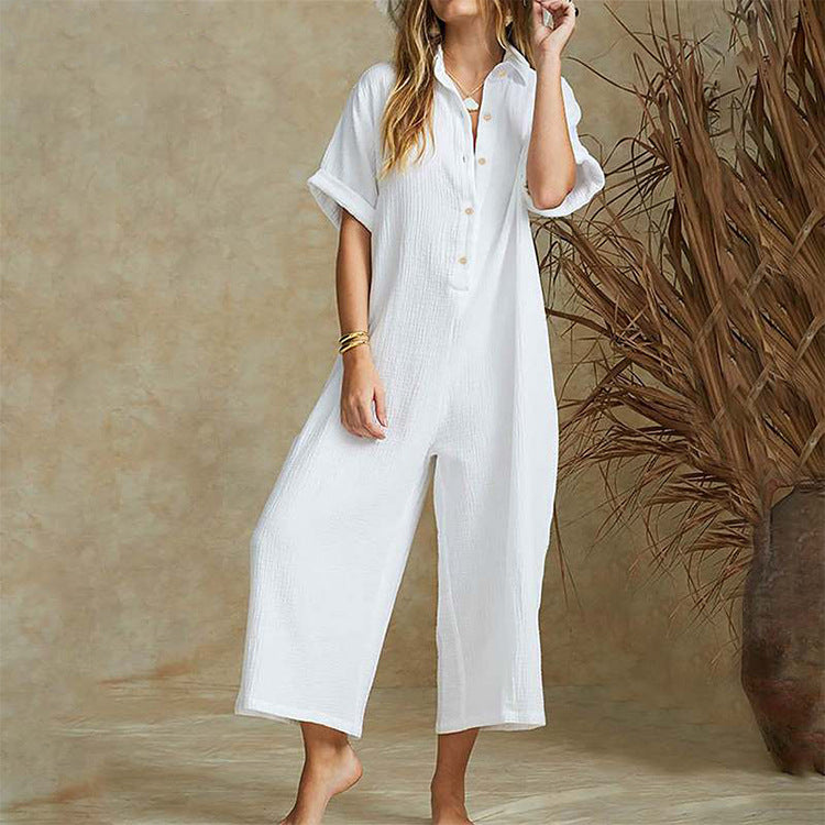 Casual Loose Long Jumpsuit Short Sleeve Rompers