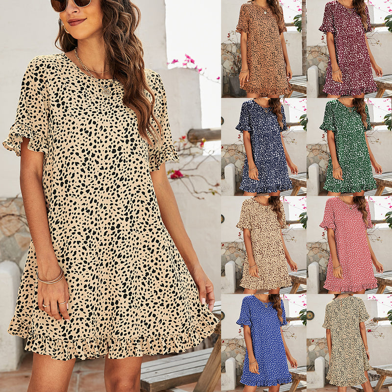 Leopard Print Round Neck Short Front And Back Long Ruffle Dress Women