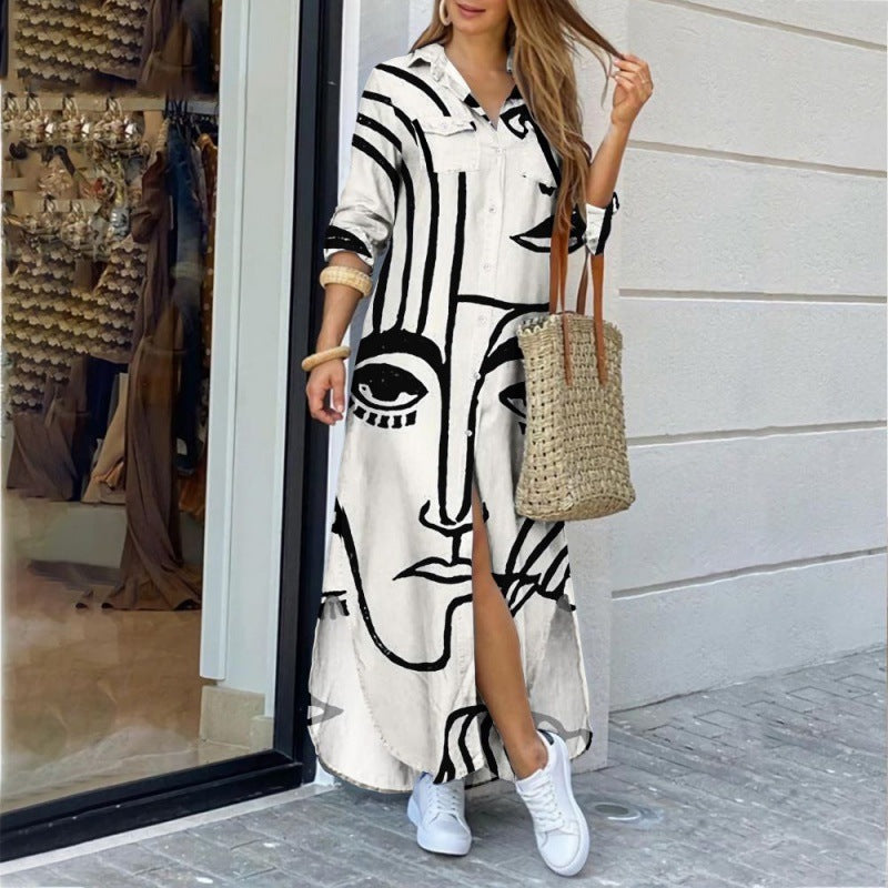 Fashion Long Sleeve Printed Lined Dress