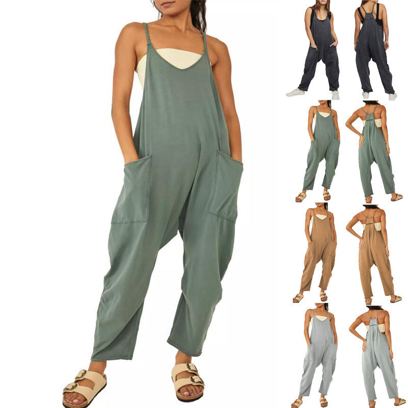 Summer Women's Loose Sleeveless Jumpsuits Spaghetti Strap Stretchy Long Pant Romper Jumpsuit With Pockets Zipper