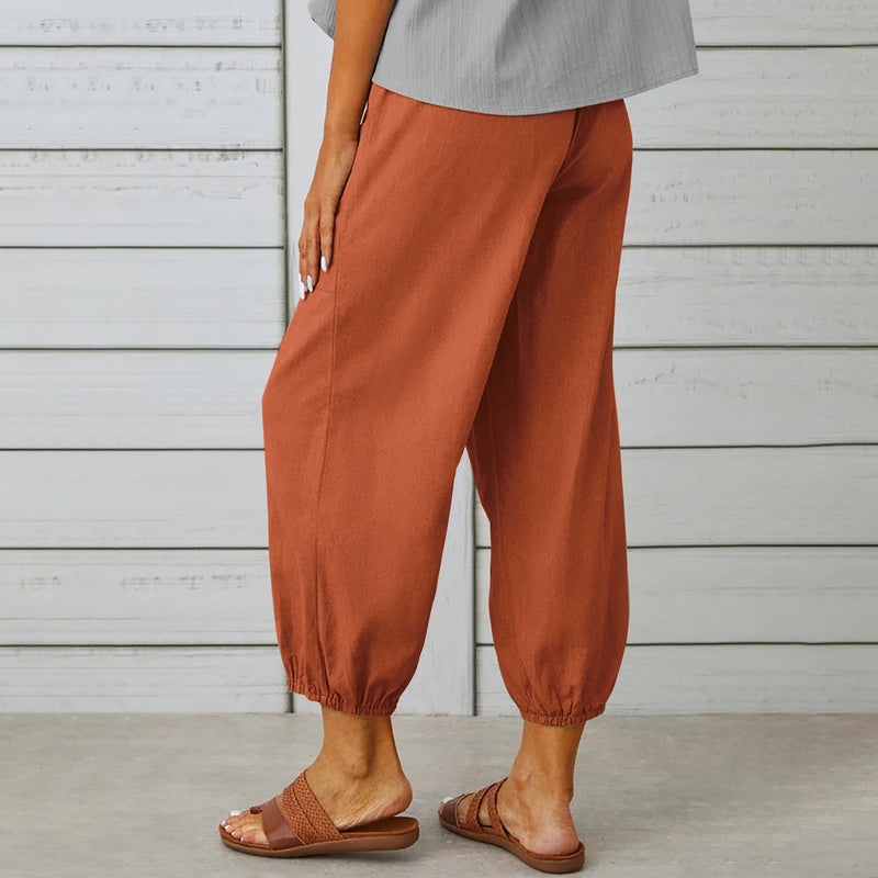 Women Drawstring Tie Pants Spring Summer Cotton And Linen Trousers With Pockets Button