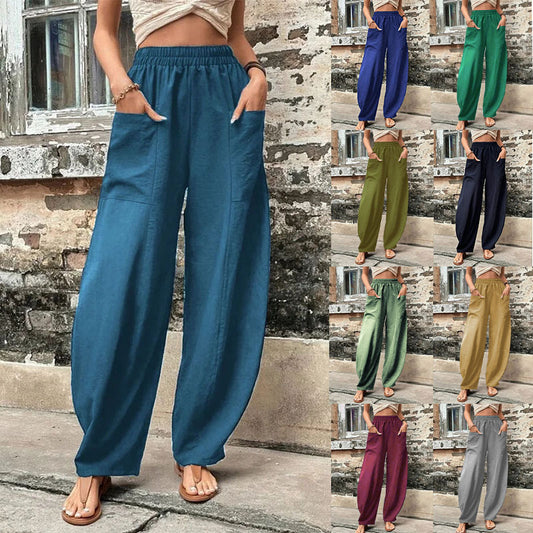 Sarouel femme avec poches taille haute pantalon de plage décontracté pantalon ample