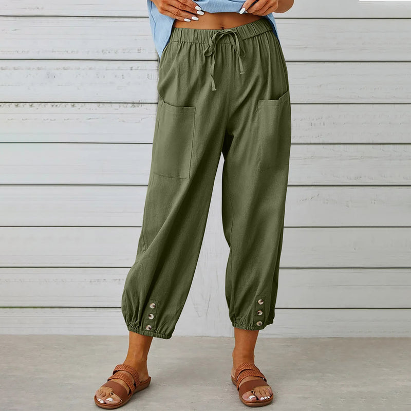 Women Drawstring Tie Pants Spring Summer Cotton And Linen Trousers With Pockets Button