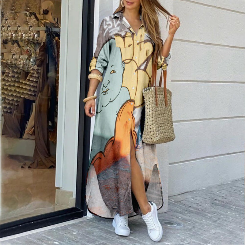 Fashion Long Sleeve Printed Lined Dress