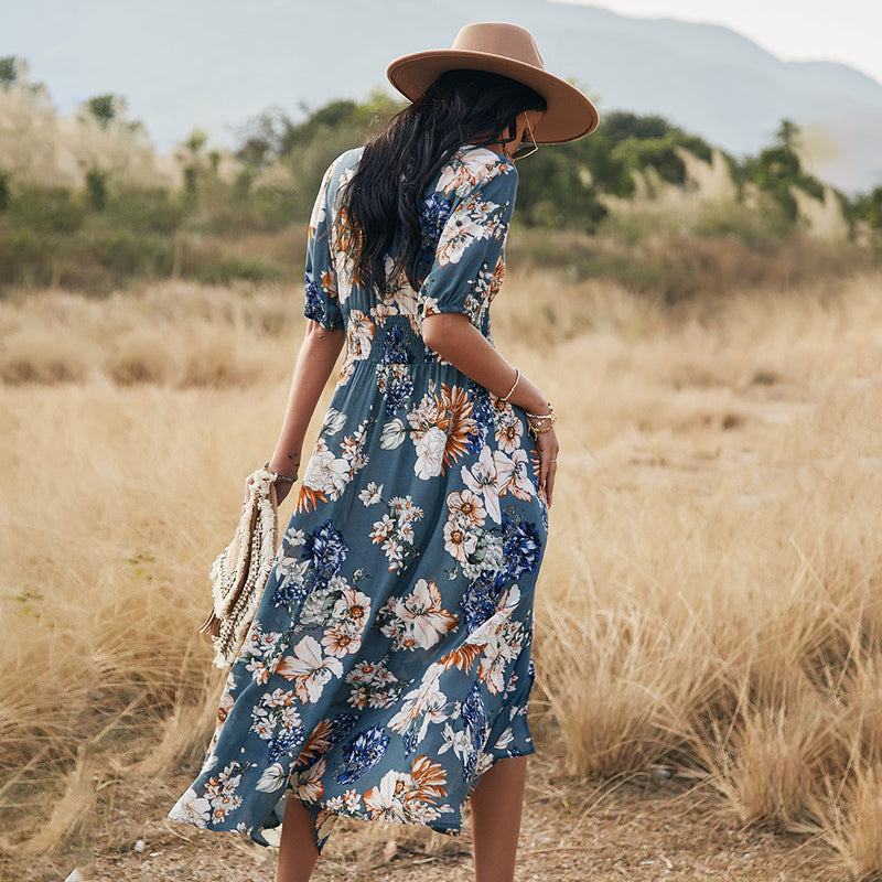 Robe de plage d'été florale avec col en V, robes à taille élastique pour femmes