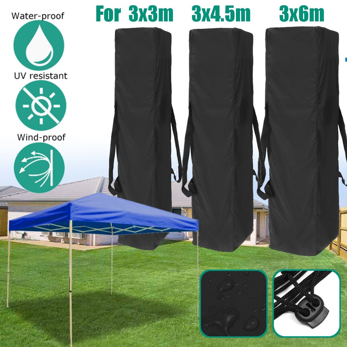 Black Waterproof Cover Dustproof Sunscreen Canopy Tent Storage Bag With Drawstring And Two Carrying Straps