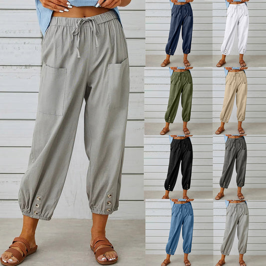 Pantalon à cordon de serrage pour femme, pantalon en coton et lin avec poches et boutons, printemps et été